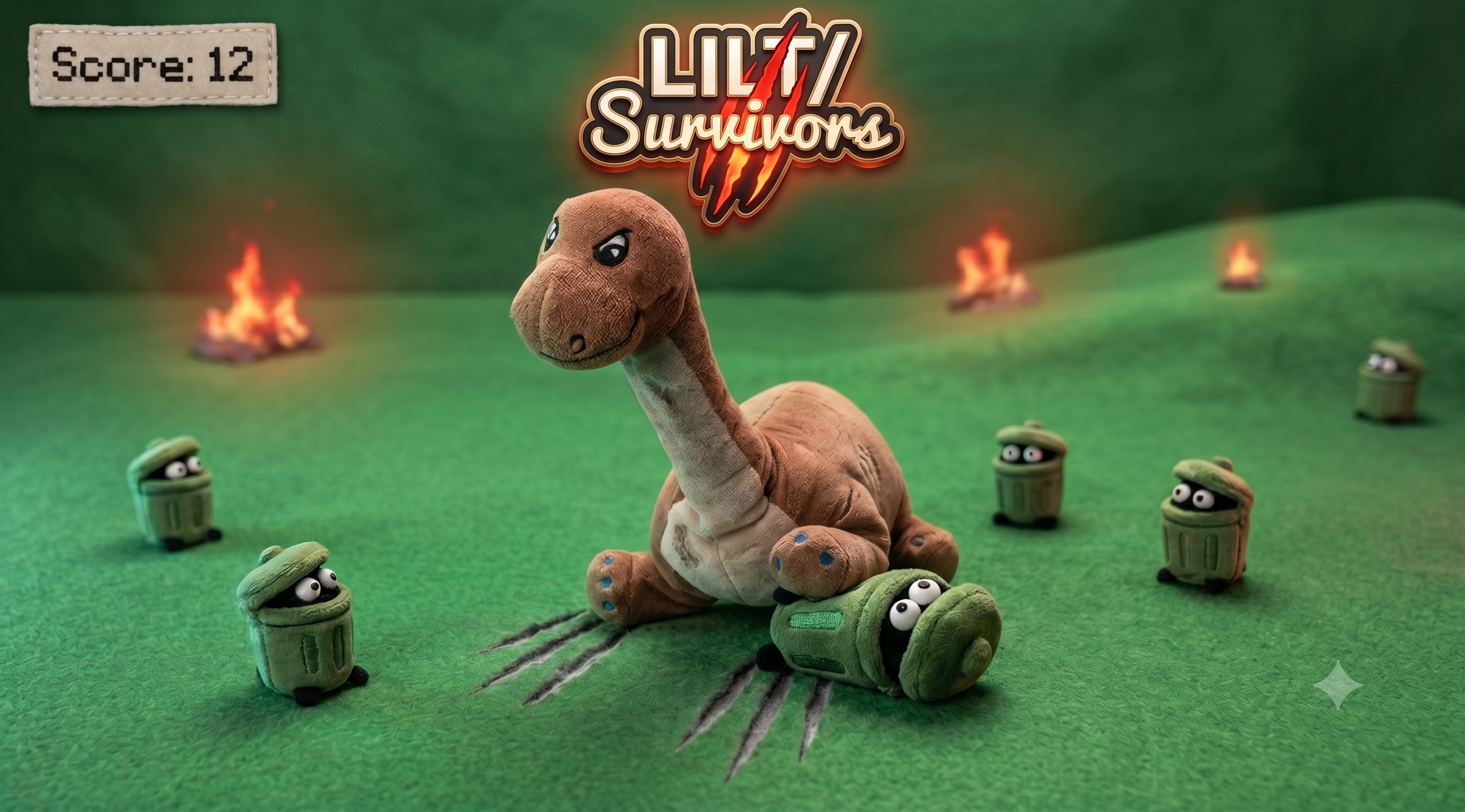 Screenshot aus LILT/Survivors: die Spielfigur auf grünem Feld zwischen anrückenden Gegnern, oben links der Punktestand